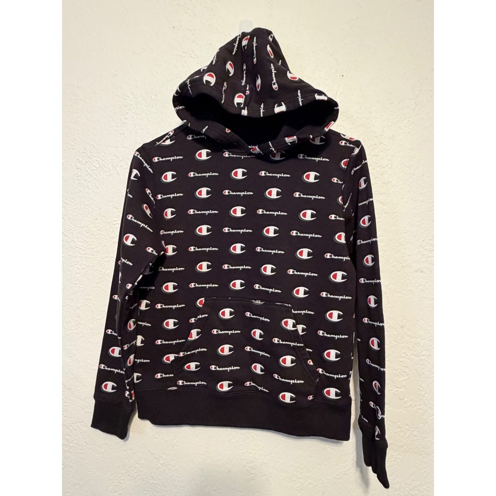 Champion Mens All Over Logo Print Hoodie Black Medium CAB321 Pullover Sweatshirt